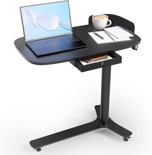 Rolling Adjustable Height Desk with Drawer and Wheels, Portable Small Standing Desk Pneumatic for Home Office, Mobile Computer Laptop Cart, Medical Sofa Overbed Table, Black