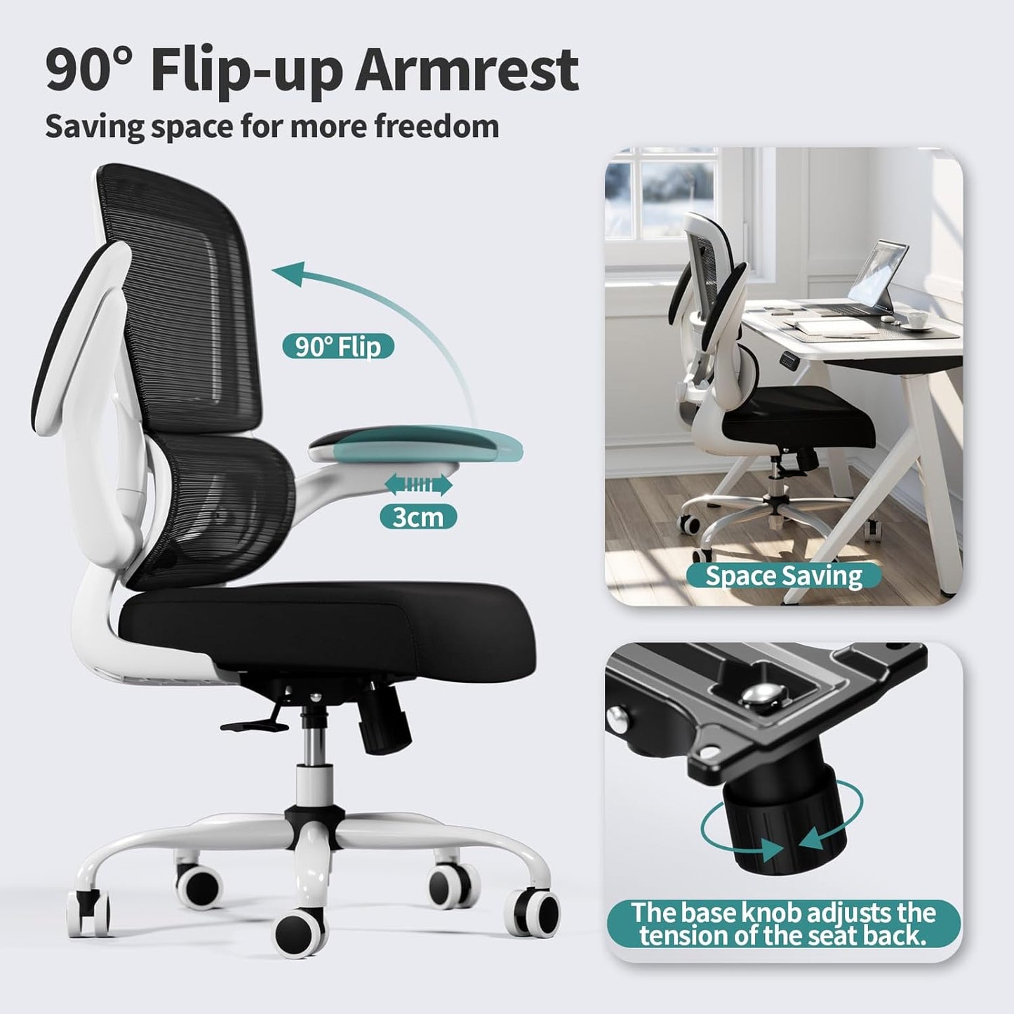 TRALT Office Chair - Ergonomic Desk Chair with Adjustable Lumbar Support, Mesh Computer Chair, Executive Chairs for Home Office Comfortable Lumbar Support (White+Black)