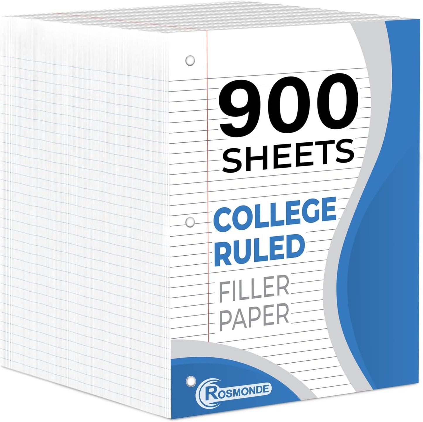 6 Pack Loose Leaf Paper, 900 Sheets, College Ruled, 8" x 10.5", 56 gsm Bulk Office Filler Paper, 150 Sheets/Pack, 3 Hole Punched, College Ruled Paper for 3 Ring Binder, Notebook Paper, White
