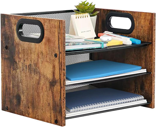 Wood Desk Organizer - 3-Tier Desktop File Organizer, Wooden Paper Tray, Office Desk Organzier and Accessories for Papers, Mail, Notebooks, Stationery