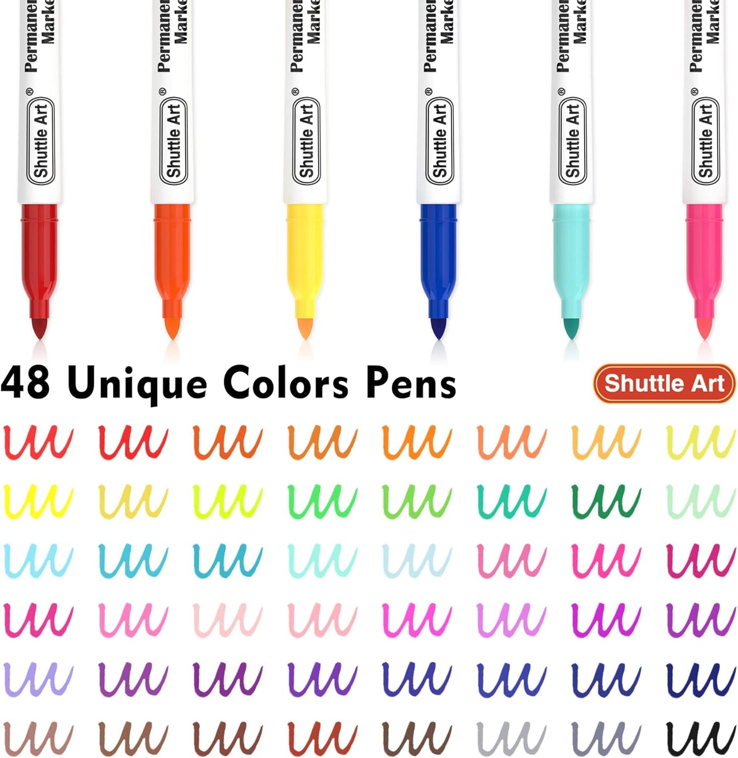 Shuttle Art 48 Colors Permanent Markers, Fine Point, Assorted Colors, Works on Plastic,Wood,Stone,Metal and Glass for Doodling, Coloring, Marking
