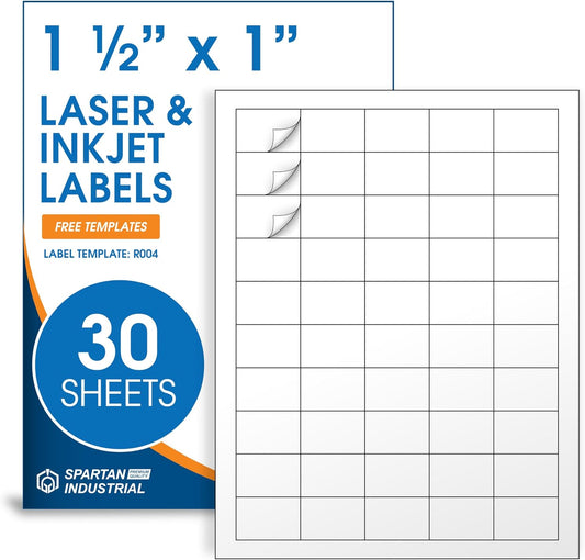 1 1/2" X 1" Matte White Printable Labels Compatible with Inkjet and Laser Printers - 30 Sheets, 1500 Total Paper Stickers for Return Addresses, UPC and EAN Barcodes - Spartan Industrial