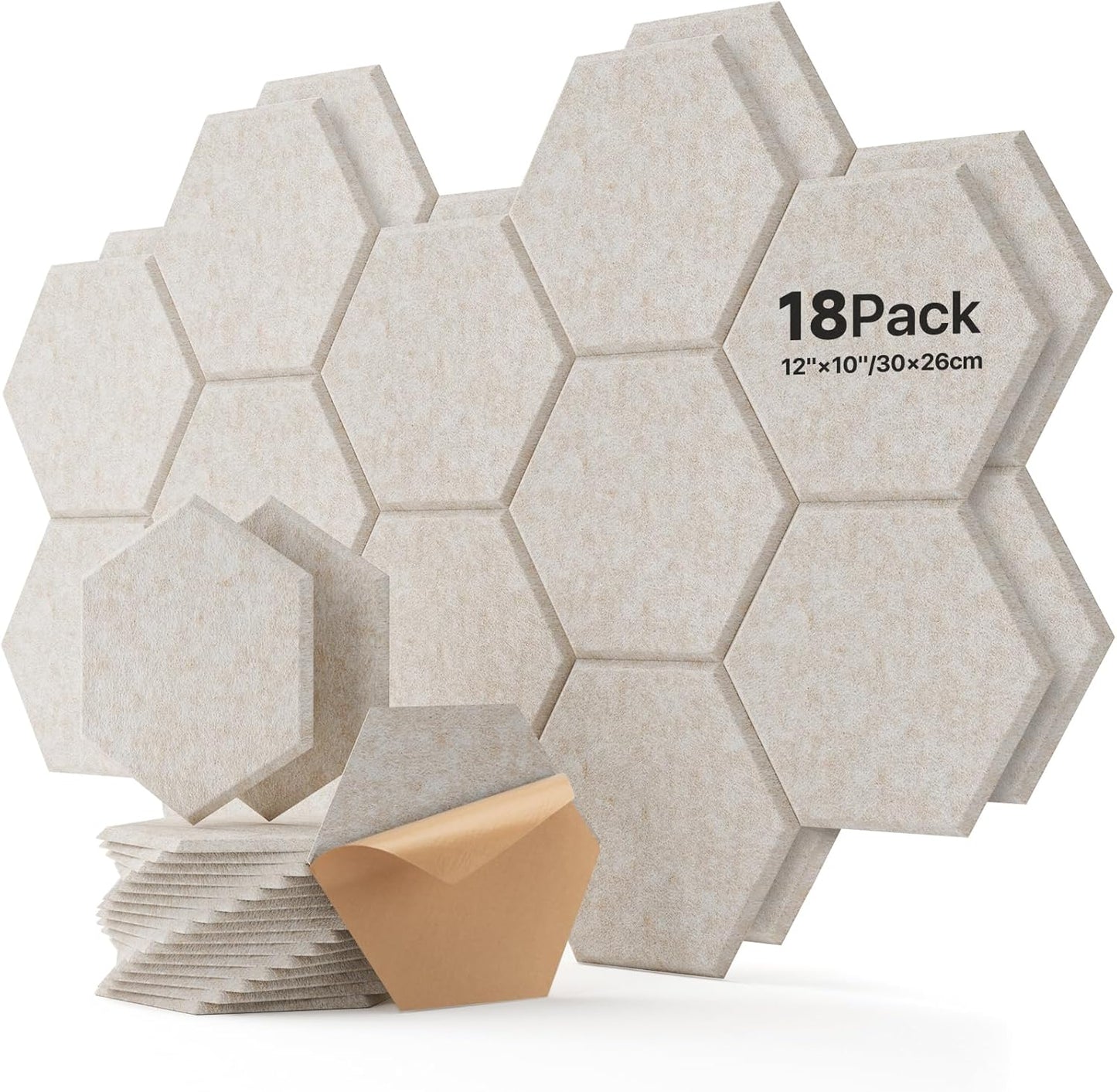 Soundsbay Acoustic Panels, 18 Pack Hexagon Soundproof Wall Panels High Density Sound Absorbing Panel, Sound Proof Foam Panels for Walls, Office, Reccording Studio, Ceiling 12" X 10" X 0.4", Beige