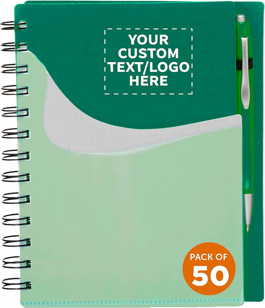 DISCOUNT PROMOS Custom Spiral Notebooks with Front Pocket Set of 50, Personalized Bulk Pack - Durable Plastic Cover, Includes Matching Pen in Blank Ink, Perfect for School, Office, Home - Green