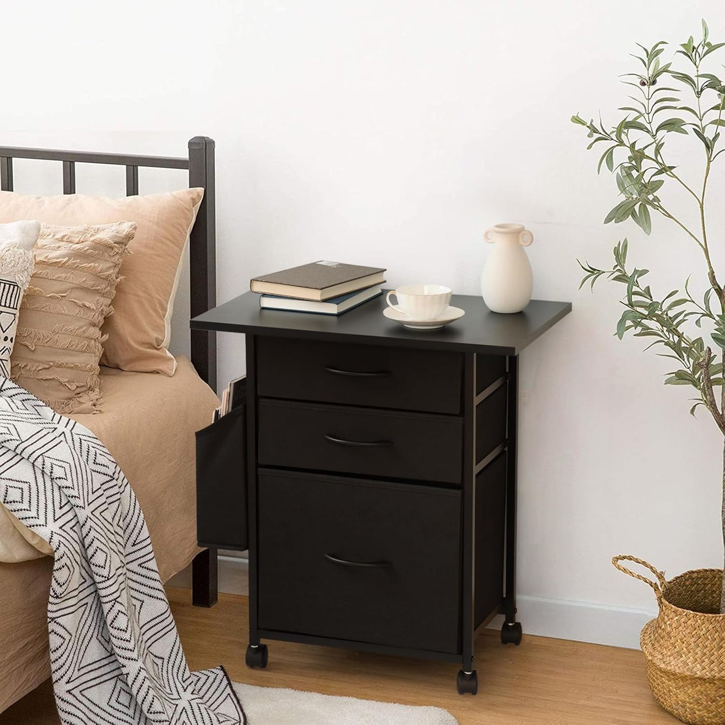 Printer Stand with 3 Fabric Drawer, Mobile File Cabinet for Home Office with Storage Bag, Rolling Under Desk Organizer Shelf, Fits A4 or Letter Size, Complete Top Plate Fast Assembly (Night Black)