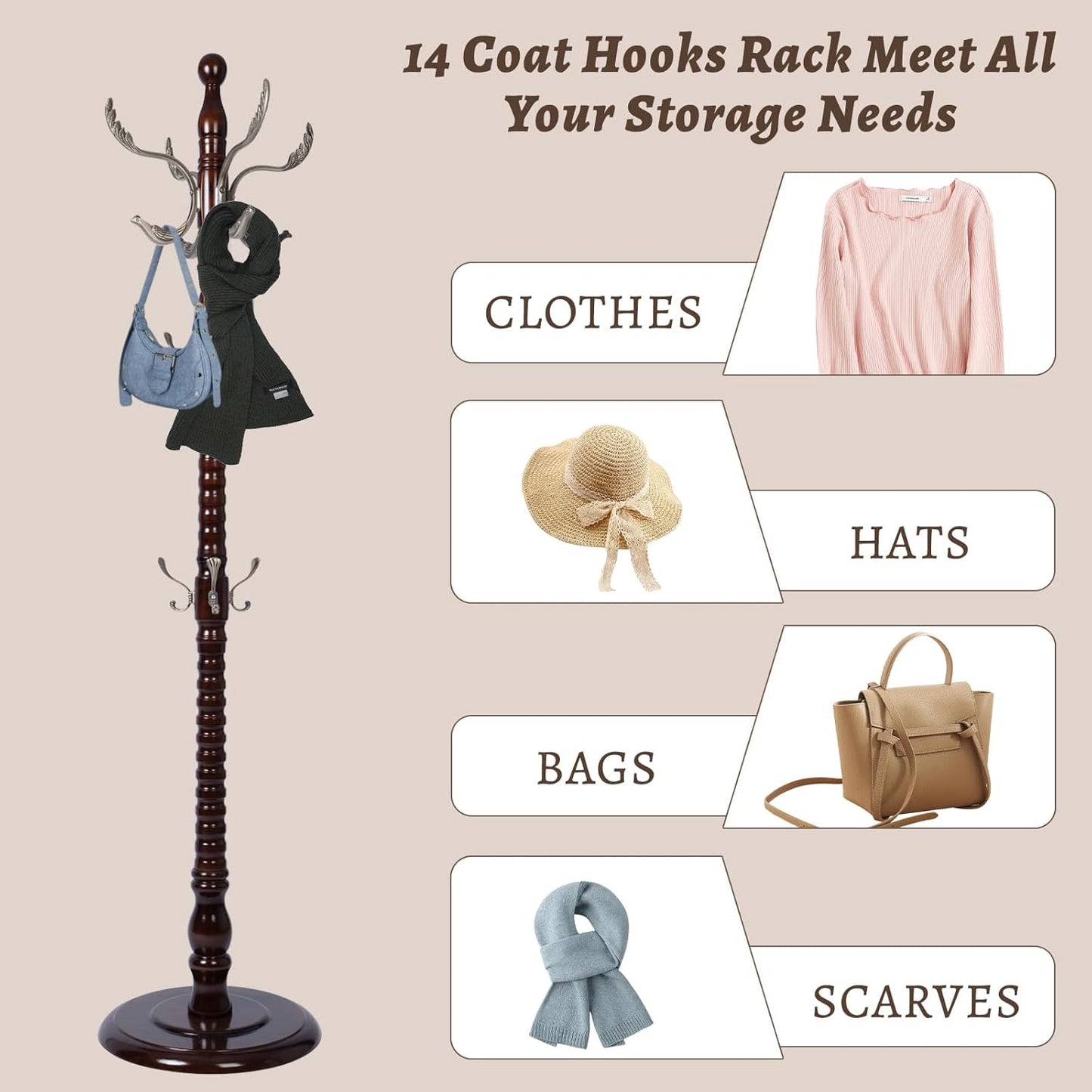 Wooden Coat Rack Freestanding with Resin Hooks, Adjustable Heavy Duty Stand for Hanging Coats, Bags, Hats, and Umbrellas in Living Room, Bedroom, Entryway (Rosewood-Metal Hook)