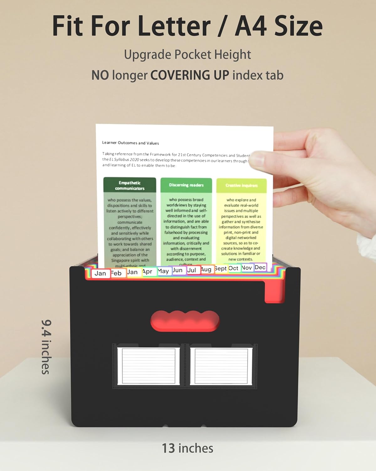 Expanding File Folder, 24 Pocket Accordion A4 Letter Size Portable Document Organizer with Colored Tabs, Expandable Bill Coupon Folder - Black