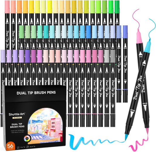 Shuttle Art Pastel Brush Pens, 56 Pastel Colouring Pens, Dual Tip Brush Markers with Fineliner Tip, Drawing Felt Tip Pens for Adults Colouring Books, Painting Sketching Calligraphy and Journaling