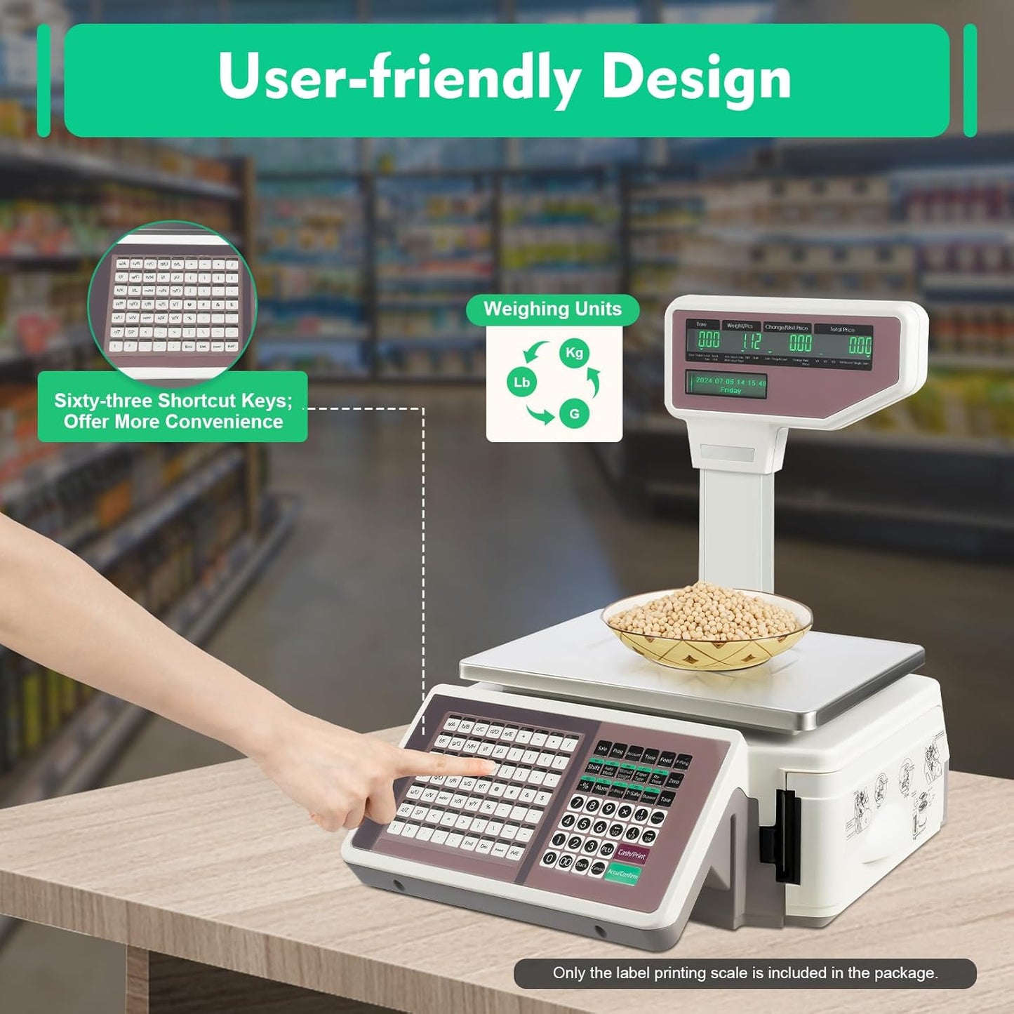 30kg/66lb Commercial Label Printing Scale - Barcode & Receipt Printer, Dual-Screen LCD, 63 Shortcut Keys, USB/App Connectivity for Supermarket, Retail, Grocery Store POS System