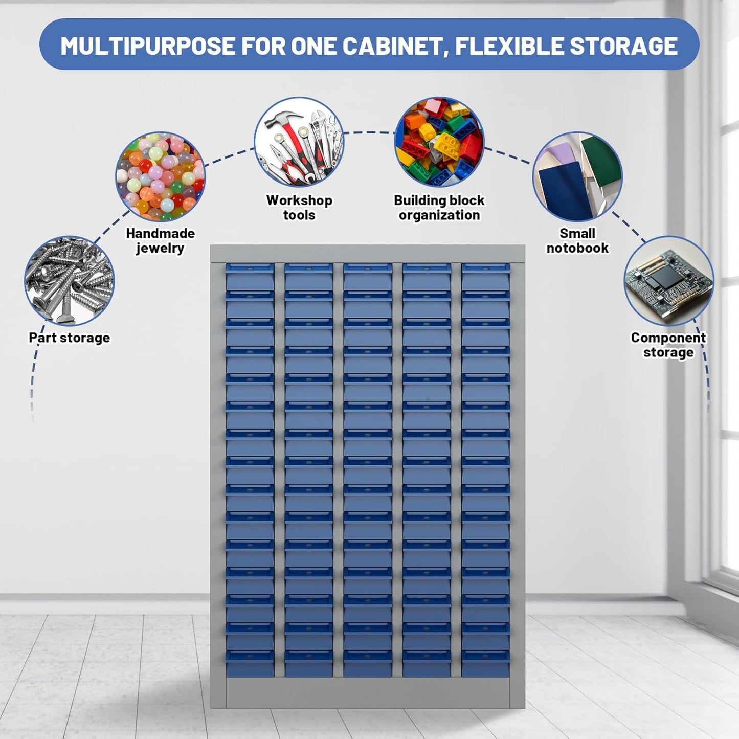 75-Drawer Parts Storage Cabinet, Multi-Purpose Organizer for Screws, Bolts, Nails, Craft Supplies, Legos, Tools, Compact Plastic Drawer Unit,Hardware Organizer for Garage, Workshop, Classroom