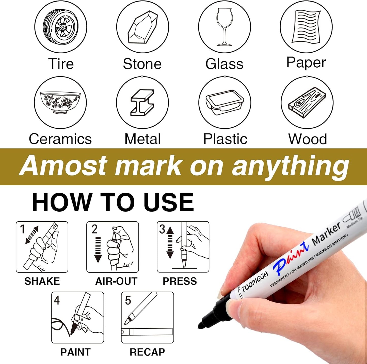 White and Black Permanent Markers Paint Pens - 8 Pack Oil Based Paint Markers, Medium Tip, Quick Drying Pens for Wood, Metal, Rock Painting, Mugs, Canvas, Clothes, Plastic Marking