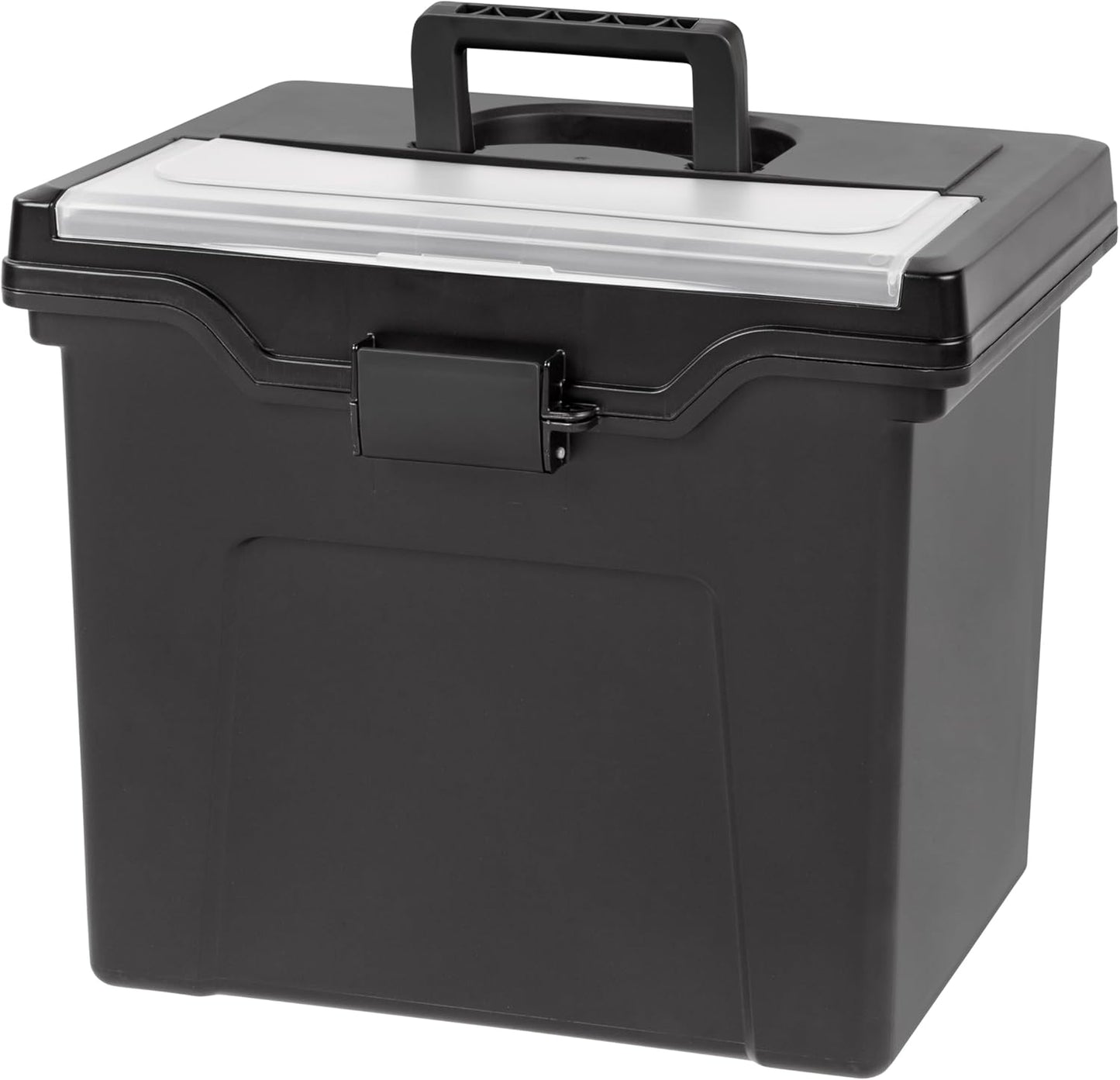 IRIS USA File Box with Lid File Organizer for Letter File w/ Organizer-Lid, Plastic Mobile Filing Organizer, Water Resistant Document Box, Portable File Box with Handle, Secure Buckle, Lockable, Black