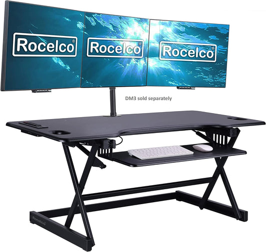 Rocelco 46" Height Adjustable Standing Desk Converter - Desktop AC USB Charger - Sit Stand Up Triple Monitor Riser - Tall Computer Workstation - Retractable Keyboard Tray - Black (R DADRB-46-ACUSB)