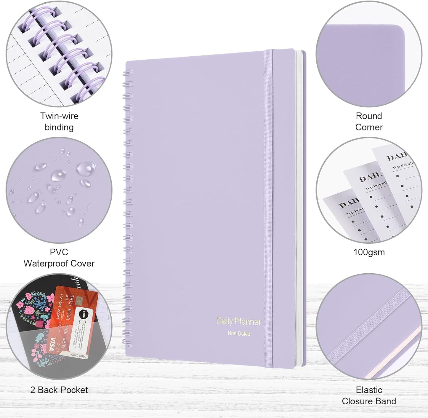 Asten Daily Planner Notebook, Undated To Do List with Hourly Schedules, Spiral Binding, Appointment Planner for Men & Women, ADHD-Friendly, Purple, 8.3" x 5.8"