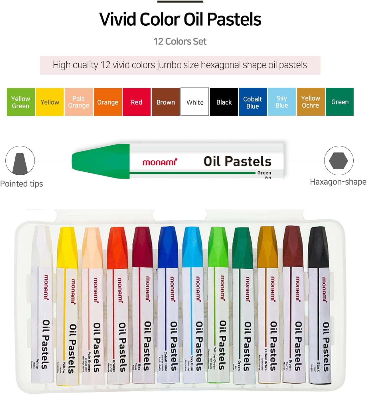 MONAMI Oil Pastels, Jumbo Size Hexagonal Shape Oil Pastels for Kids and Students with Handy Carrying Case, 12 Vivid Colors Pack