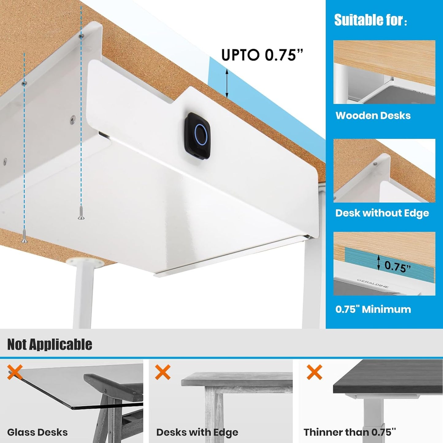 Under Desk Drawer with Lock, 16 inch Under Desk Storage Drawer, Under Desk Mounted Pull Out Drawer with Biometric Lock