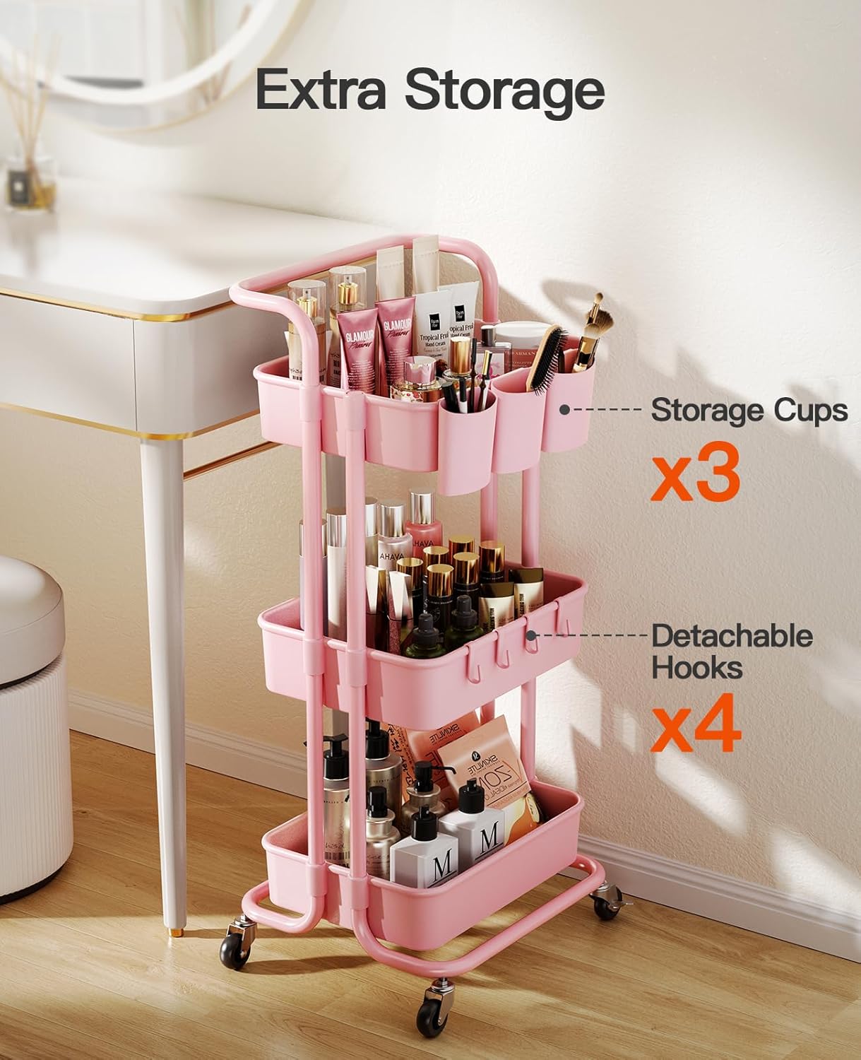 Pipishell 3-Tier Rolling Cart with Wheels, Rolling Storage Carts with 3 Hanging Cups & 4 Hooks, Mobile Utility Cart, Art Carts Organizer, Craft Cart for Office, Kitchen, Craft Room, Pink, PIUC06P