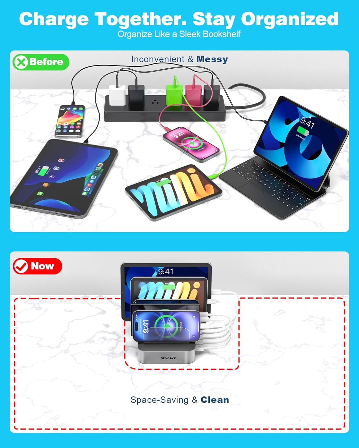 MSTJRY Charging Station for Multiple Devices : 5 Port Multi USB-A Charger Stations Multi-Device Organizer Charging Dock Designed for iPhone iPad Cell Phone Tablets (7 Short Cables Included), Silver