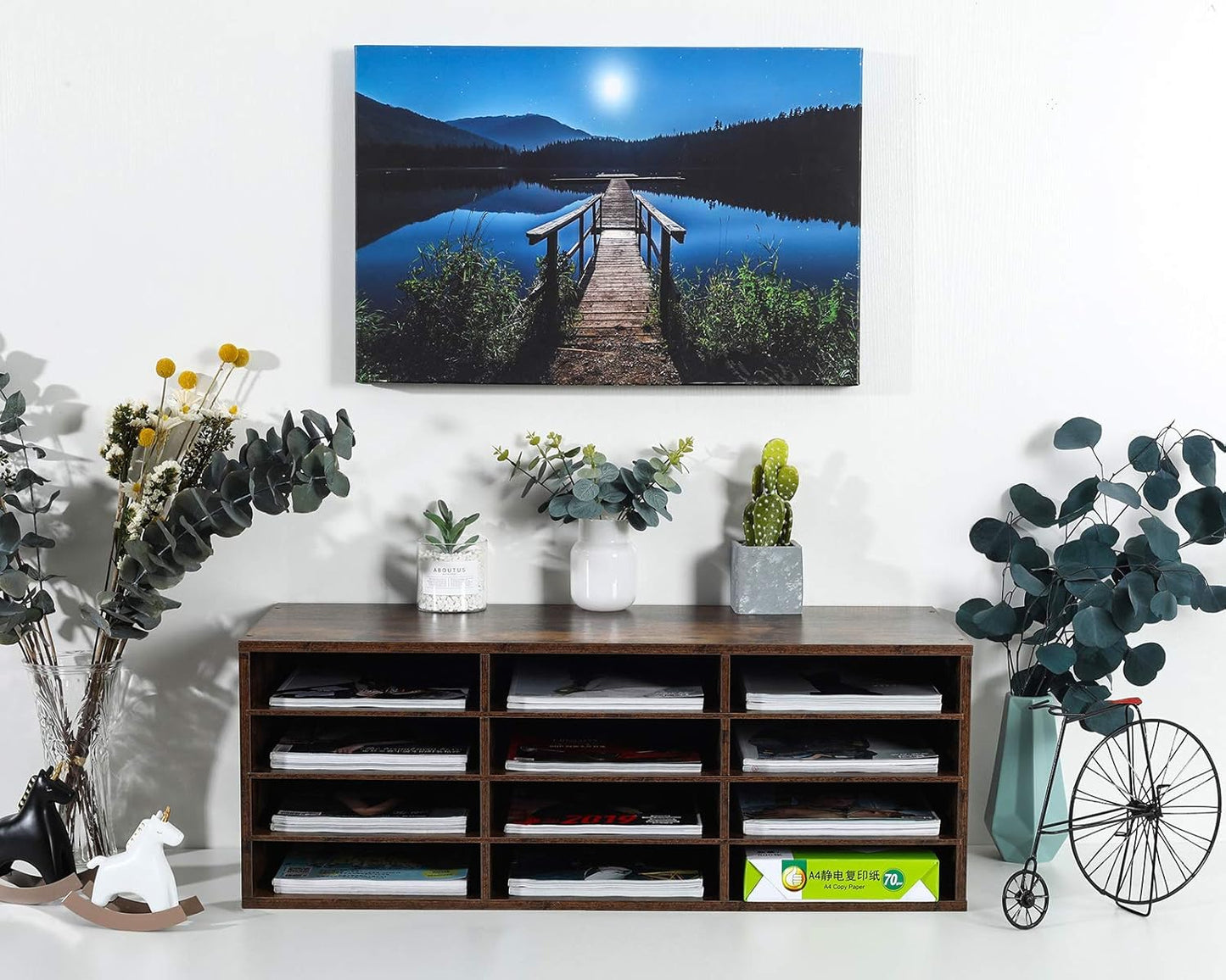 PAG Mail Sorter Organizer, Wood Countertop Literature Organizer, Student Mailbox for Classroom, Desktop Bill Paper Organizer for Office Home School, 12 Compartments, Antique Brown