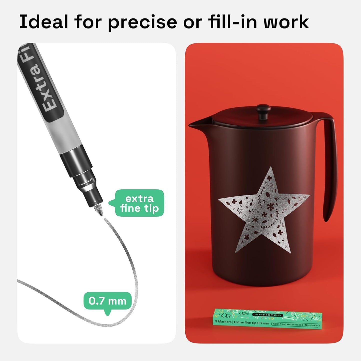 ARTISTRO 2 Silver Acrylic Paint Markers - 0.7mm Extra Fine-Tip Metallic Paint Pens - Perfect for Crafting, Art Projects, & More