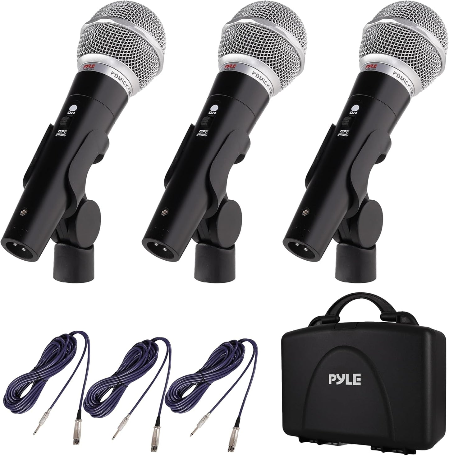 Pyle 3 Piece Professional Dynamic Microphone Kit Cardioid Unidirectional Vocal Handheld MIC with Hard Carry Case & Bag, Holder/Clip & 26ft XLR Audio Cable to 1/4'' Audio Connection (PDMICKT34),Black