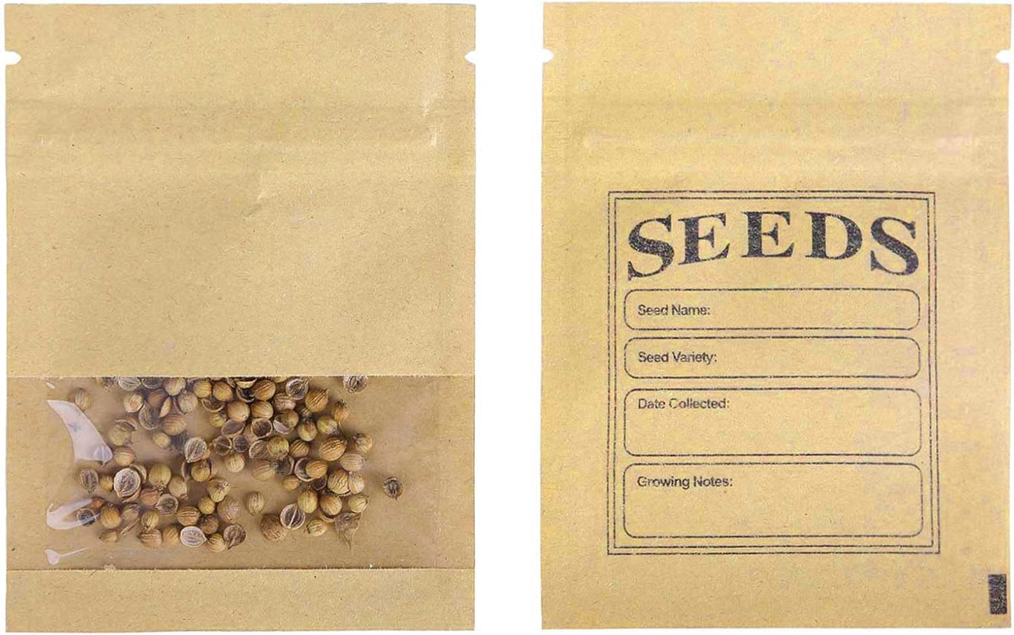 200 Pack Clear Window Small Resealable Seeds Packets Coin Envelopes 2.75x3.74 inch Brown Kraft Paper Sample Bag with Preprinted Seed Collecting Template for Seed Storage Organizer