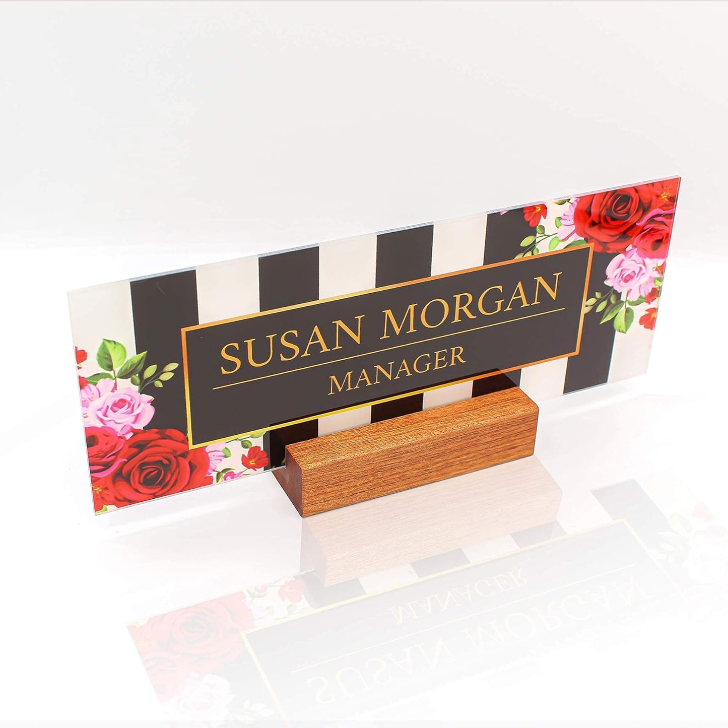 Office Desk Name Plate Personalized | Custom Name Plates for Desks | Flowers Design On Clear Acrylic Glass | Office Desk Décor | Flower Floral