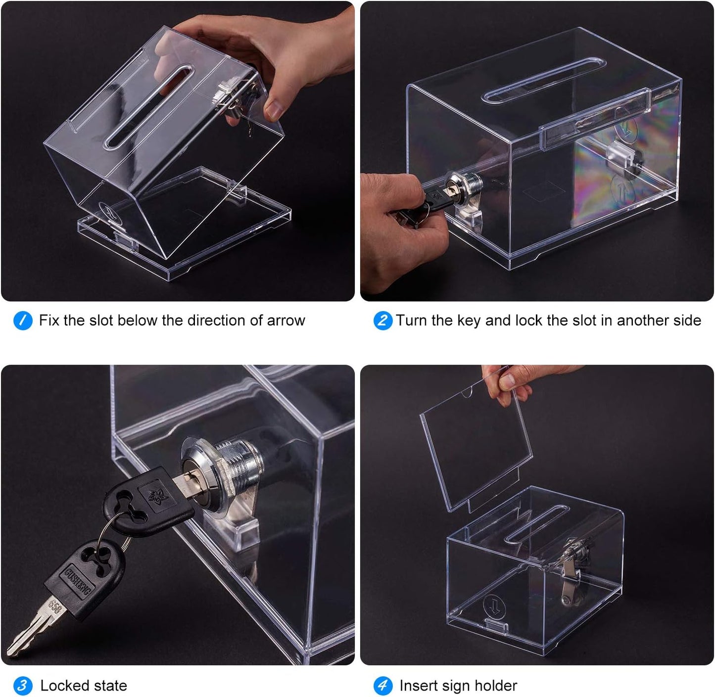 Polmart Clear Donation Box with Lock - Secure Ballot Box with Removable Sign Holder 2 Keys - for Money, Cards, Votes, Tickets, Feedback Collection (4.75"D x 6.29"W x 8"H)
