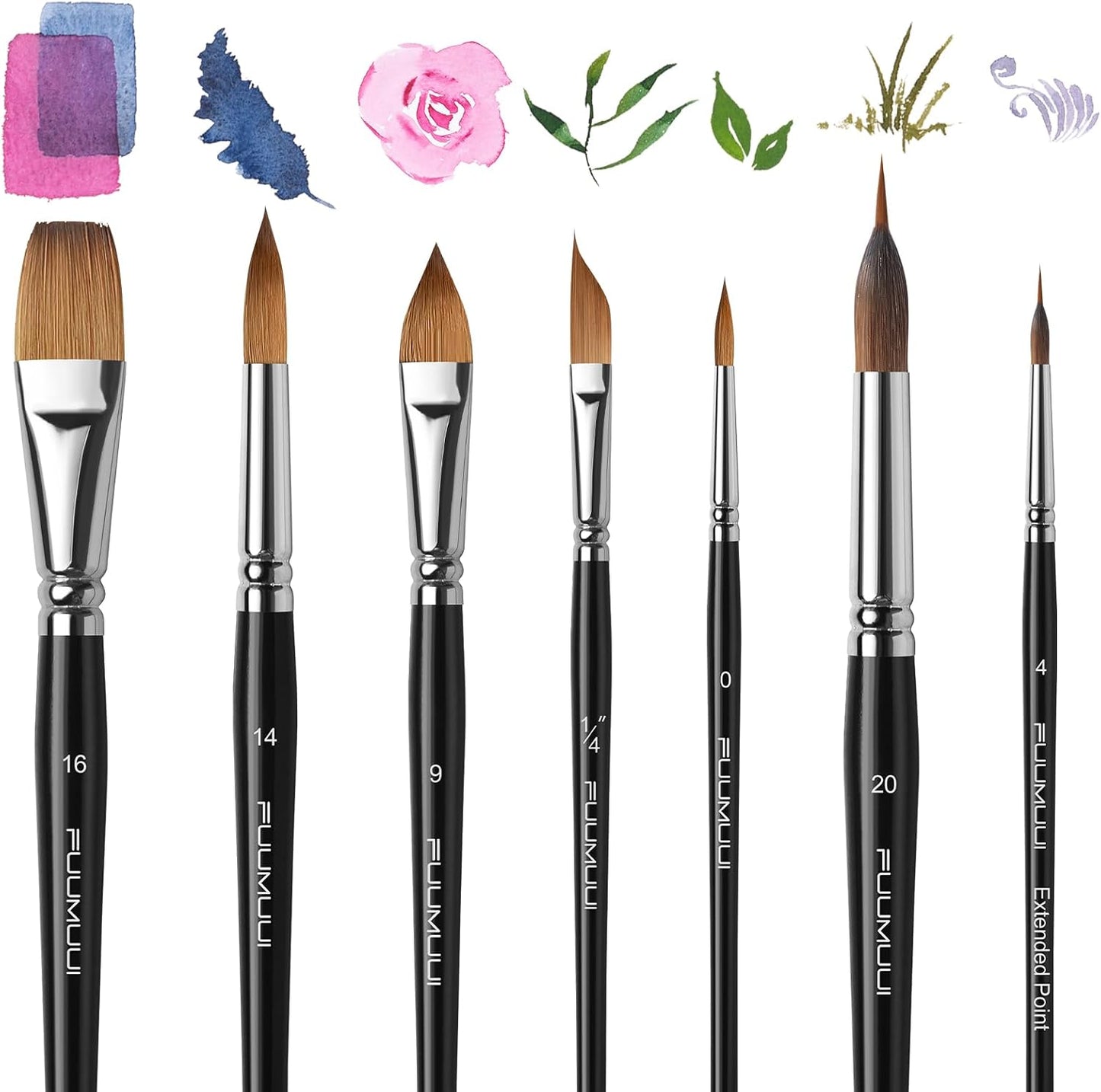 Sable Watercolor Brushes, Fuumuui 7pcs Professional Artist Paint Brushes Set with Extended Needle, Round Point, Flat, Dagger, Cat's Tongue for Watercolor, Acrylic, Gouache – Detail & Wash Painting