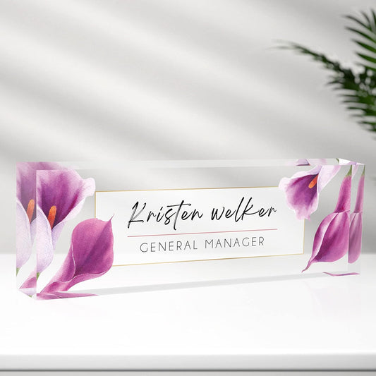 Desk Name Plate Personalized, Premium Purple Calla Lily Acrylic Desk Name Plate, Personalized Name Plate for Desk, Office Decor for Women or Men Coworkers, Boss, Employee, Teacher
