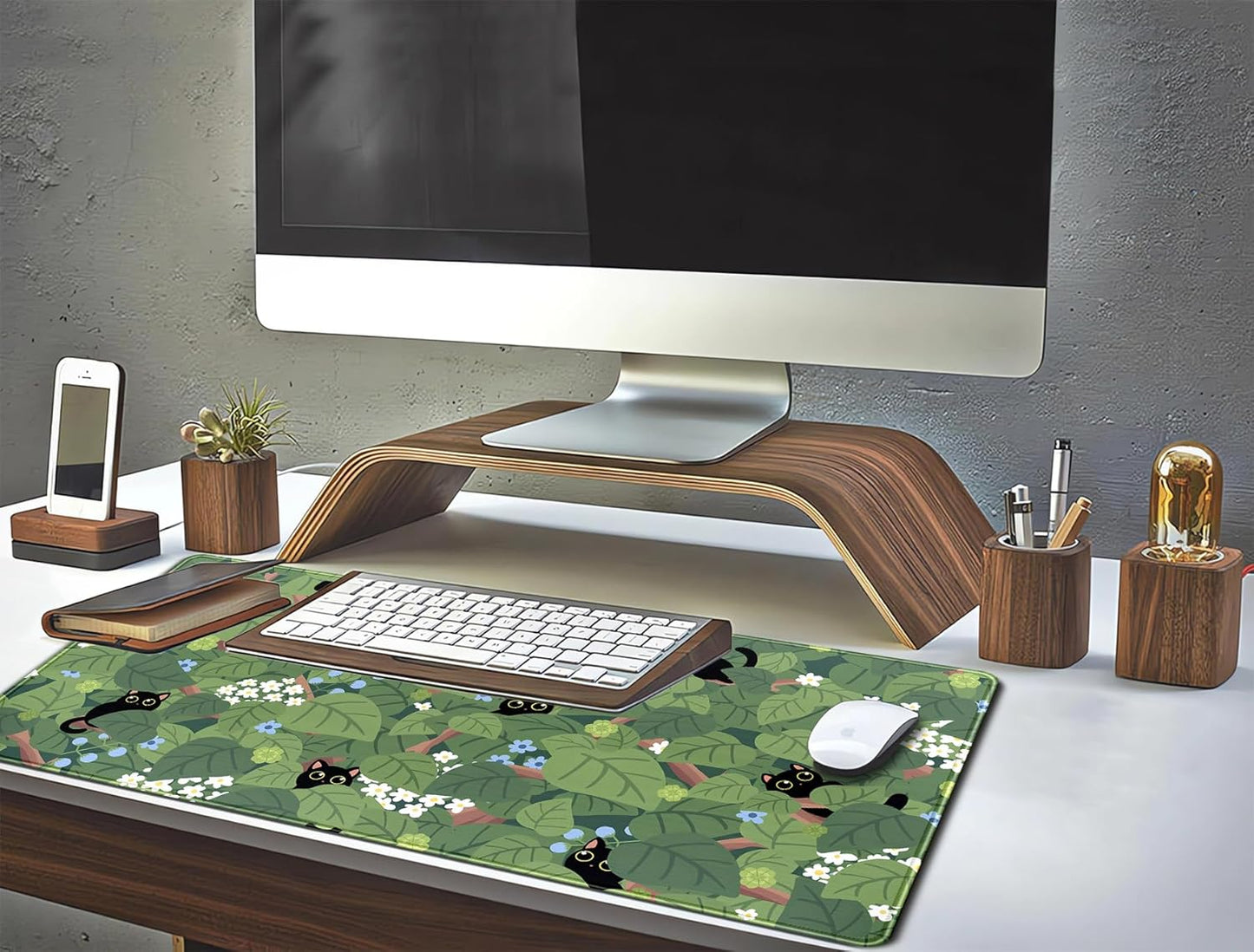 Kawaii Anime Aesthetic Black Cat Forest Plant Desk Mat, Green Sage XXL Large Extended Mouse Pad Gaming Cute Cats Desk pad, Laptop Keyboard and Mouse Mat for Women Desktop Office Decor 31.5x15.7 in