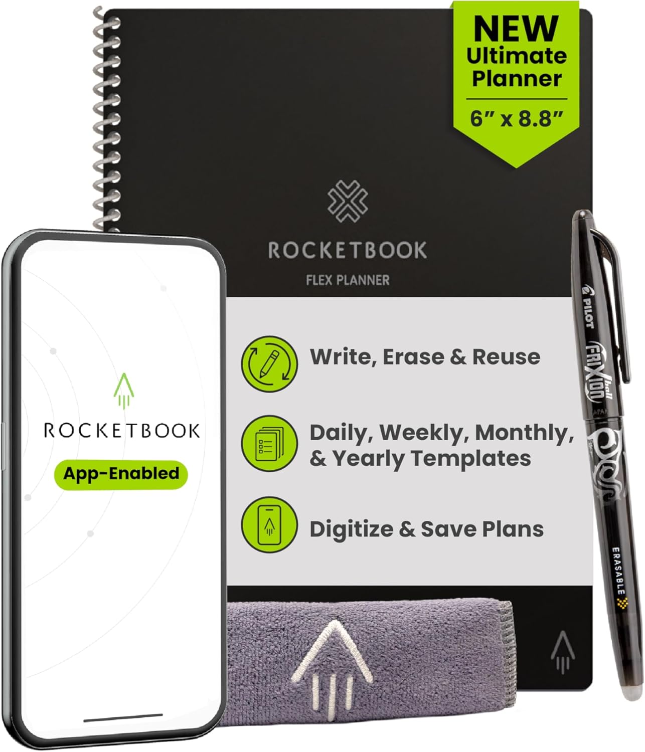 Rocketbook Flex Planner, Reusable Undated Smart, Executive Size 6x8.8 in Black – Daily, Weekly, Monthly, Annual Calendar, Tasks, Goals, Scheduling, Productivity, App Connected, Erasable, Durable Cover