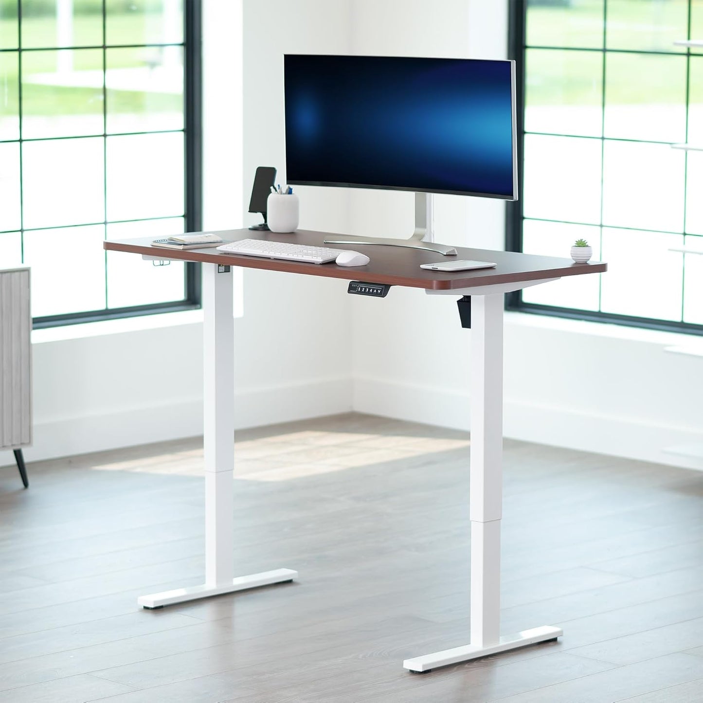 VIVO Electric 55 x 28 in Standing Desk, Memory Height Adjustment, 1B Series, One-Piece Dark Walnut Top, White Frame, DESK-KIT-1W55D