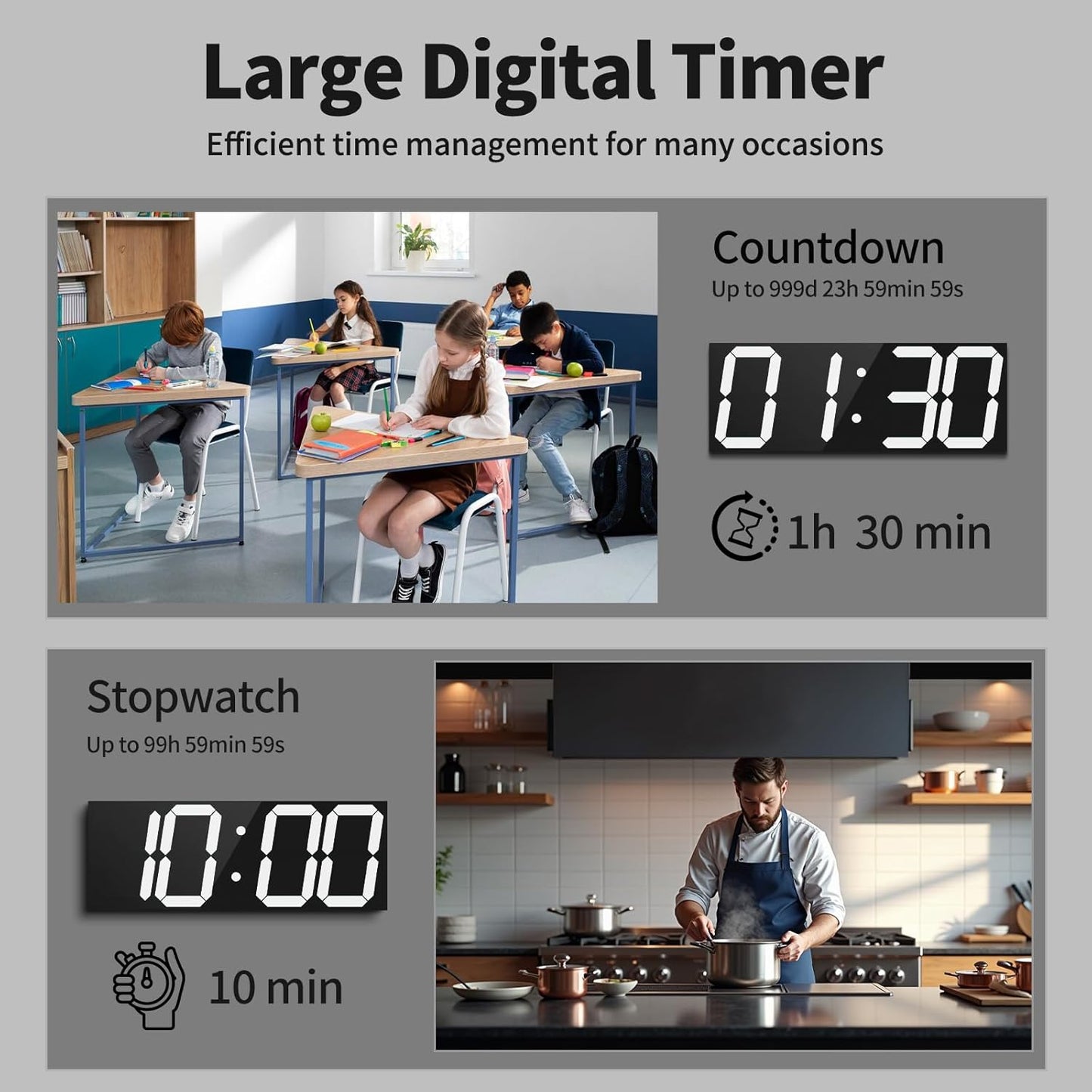 18.7'' Automic Digital Wall Clock, LED Digital Clock with Large Display, Multi-Function Wall Clock with Alarm and Timer, Auto Time Sync Clock with Adjustable Brigthness(White)