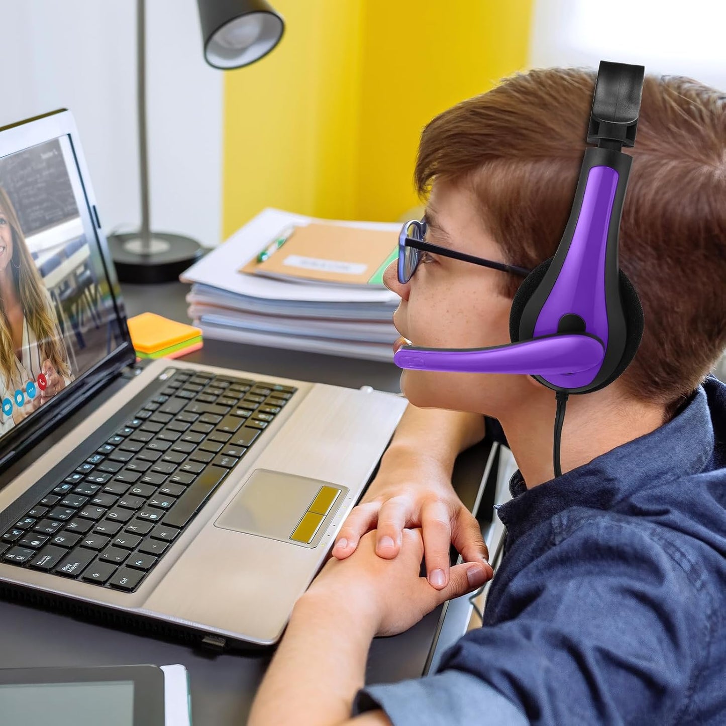 Yunsailing 20 Pack Bulk Classroom Headphones with Microphone Students Wired School Class Set Headphones for School Library Computer Office Adults 3.5 Jack Universal Plug (Purple)