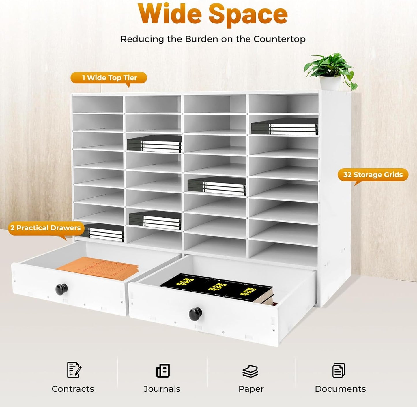 Adjustable Literature Organizer, 32 Slots File Folder Organizer Storage Rack Desktop Letter Office Cabinet 32 Compartment with 2 Drawers Paper Storage Cabinet for Classroom (32+2-Slot-White)