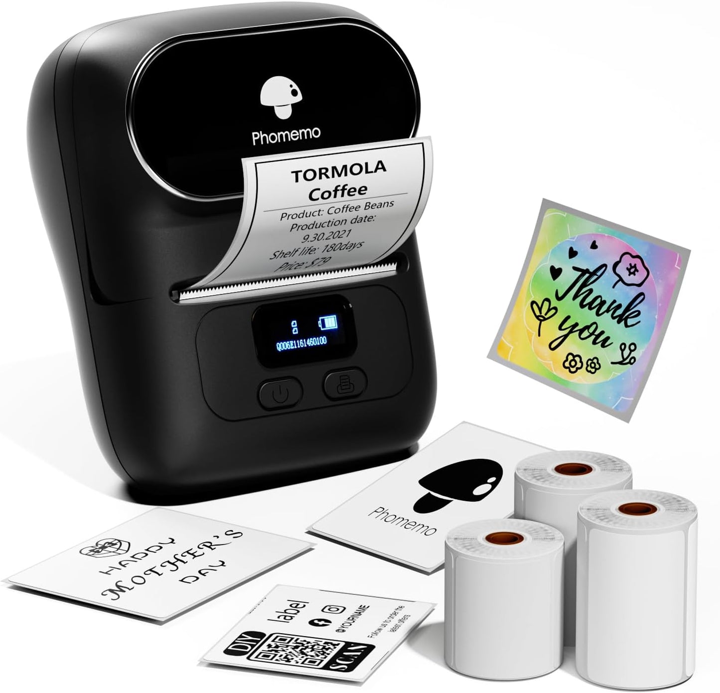 Phomemo Label Maker - M110 Address Label Printer Bluetooth Thermal Printer for Business, Office, School, Home-use, Barcode, Logo, Clothing Labels, with 3 Label Roll, Black