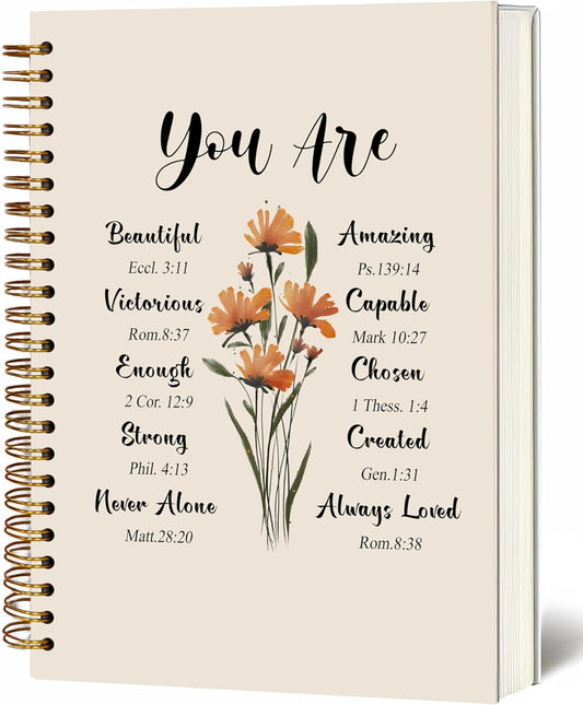 Bible Notebook, A5 Spiral Christian Journal with Floral Pink Butterfly Notebook, Bible Verse-God Says You Are, Inspirational Notebooks for Women, Bible Study, Gift for Birthday Christmas