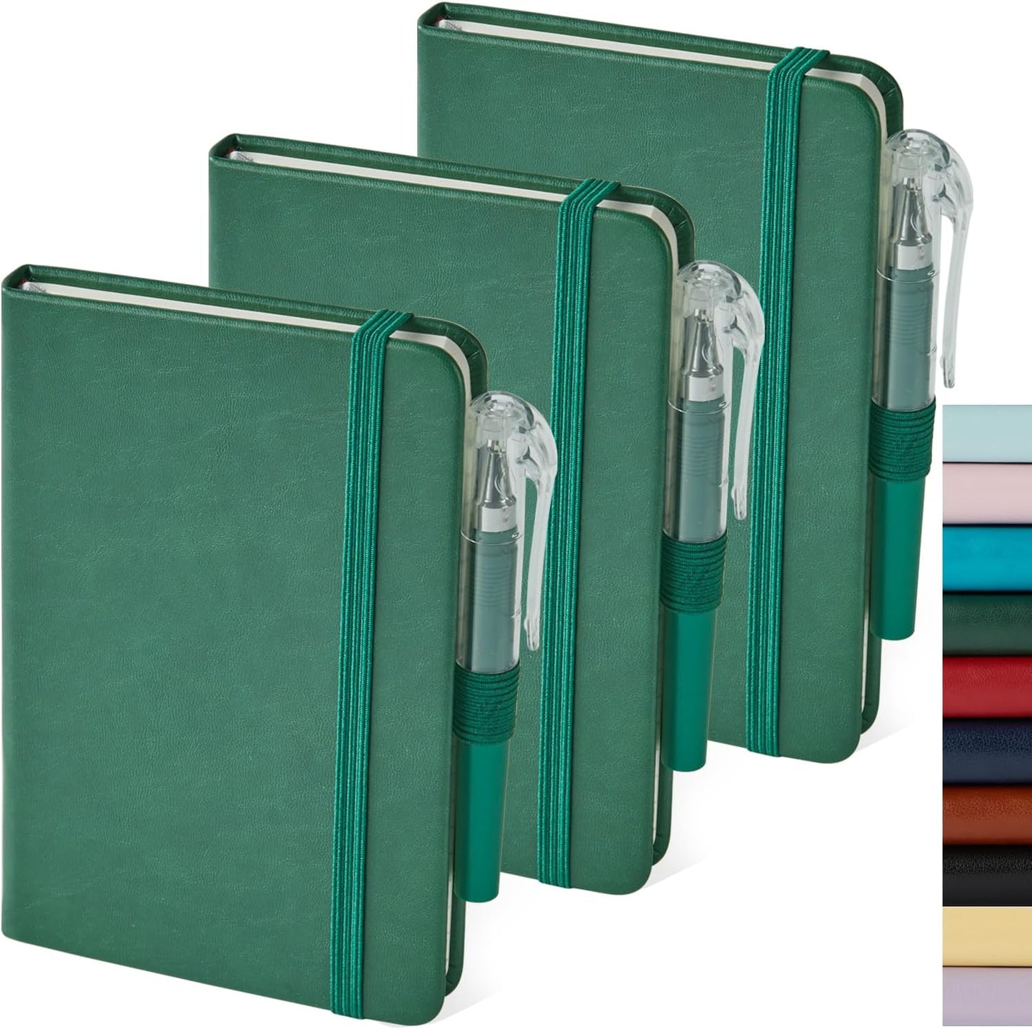 3 Pack Pocket Notebook Journals, Mini Small Leather Lined Journal Notebooks for Note Taking, Small Notepad with Pen Holder, Dark Green