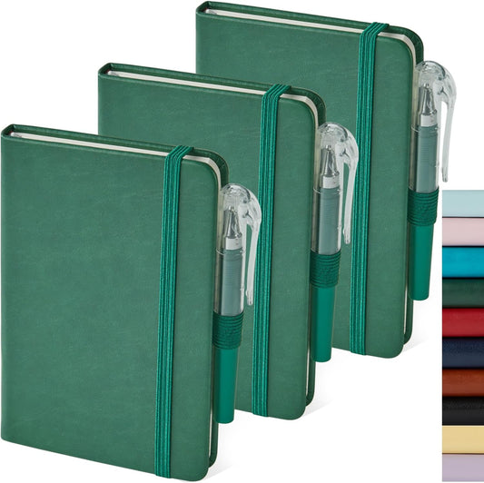 3 Pack Pocket Notebook Journals, Mini Small Leather Lined Journal Notebooks for Note Taking, Small Notepad with Pen Holder, Dark Green