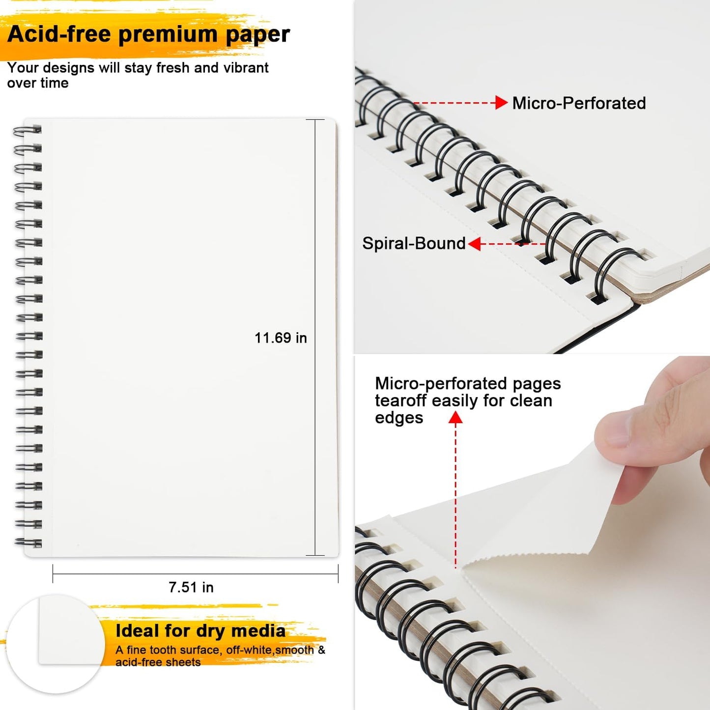 MEMX Poly Cover Sketch Book, 8.5”X11.5” 100 Pages (110gsm), Spiral Bound Artist Sketch Pad Notebook, Durable Acid Free Drawing Paper for Drawing, Writing, Painting, Sketching or Doodling, White