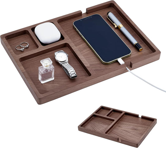 Wood Valet Tray for Men Women, Walnut Nightstand Organizer with Charging Station, Desk Drawer Organizer Tray Office Supplies, Desk Trays for Phone Watch Wallet Key Jewelry Catchall Trays