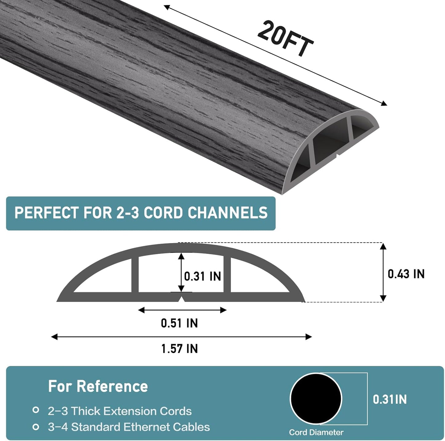 Floor Cord Cover Self Adhesive Cord Hider Floor Extension Cord Covers for Floor Power Cord Protector Cable Management Prevent Cable Trips Cable Cavity 0.51" W x 0.31" H (Deep Grey Wood, 20Ft)