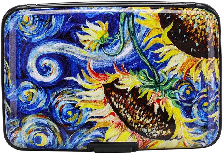 ELFISH Mini RFID Aluminum Wallet Credit Cards Holder Business Card Case Metal ID Case for Men Women (Sun flower)