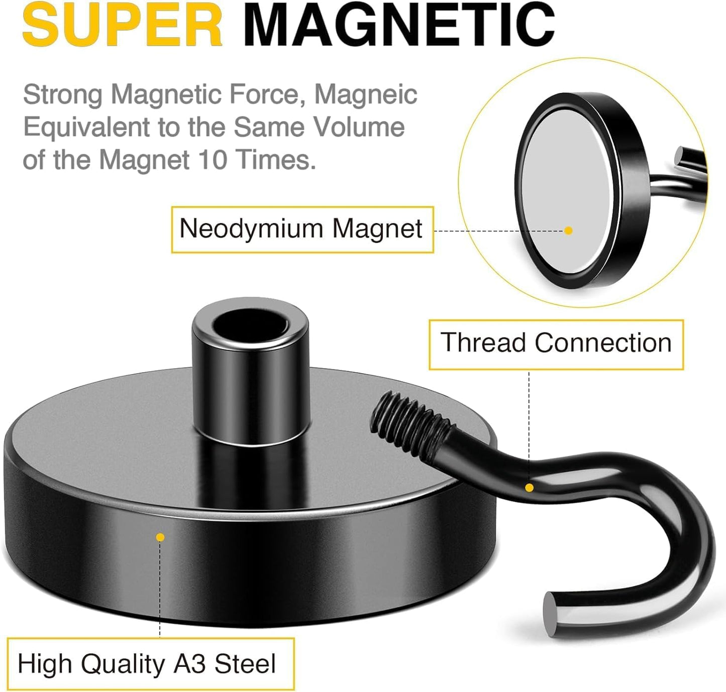 DIYMAG Black Magnetic Hooks, 150 LB Heavy Duty Strong Magnets with Hooks Rare Earth Neodymium Fridge Magnet for Grill Hanging Cruise Cabins Ship Essentials 12 Packs
