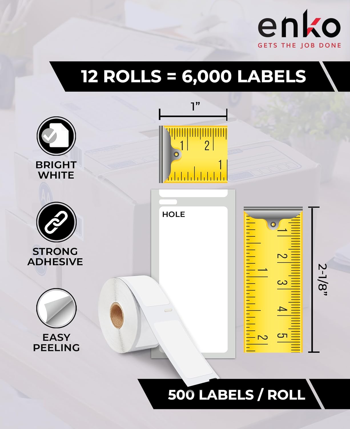 enKo Compatible for Dymo 30336 Labels (1 x 2-1/8 inches) - 12 Rolls, 6000 Labels for Dymo LabelWriter 450 Turbo Printer and 4XL - Direct Thermal Address, Shipping and Barcode Label
