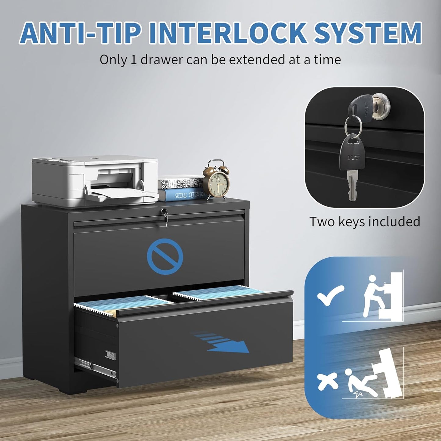 File Cabinets 2 Drawer,Metal Office Storage Filing Cabinet with Lock,Black Lateral Filing Cabinet for Home Office,Horizontal 2-Drawer File Cabinets for Legal/Letter/A4,Assembly Require,Black