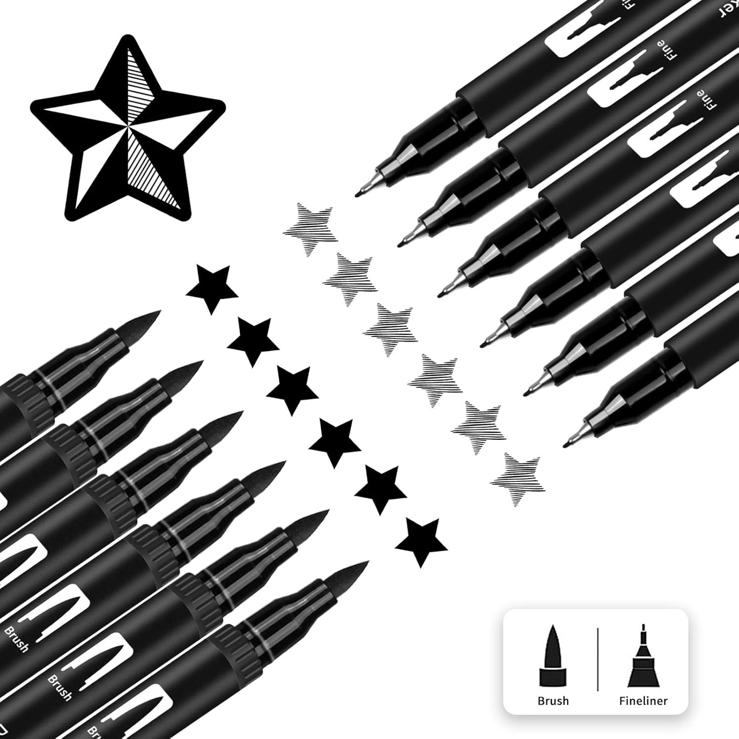 Black Drawing Pens, 12 Pack Dual Tip Brush Pens - Fine Liner & Brush Markers for Sketching, Calligraphy, Journaling - Water-Based, Quick-Drying Ink - Ideal for Artists, Adults & Kids