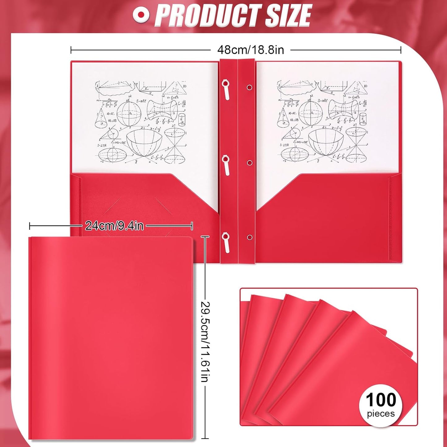 Lincia 100 Pcs Plastic Folders with Pockets and Prong Folders with Prongs Plastic Folders with 2 Pockets Pocket Folders for Office, School for Students, Teachers, Office Workers (Red)