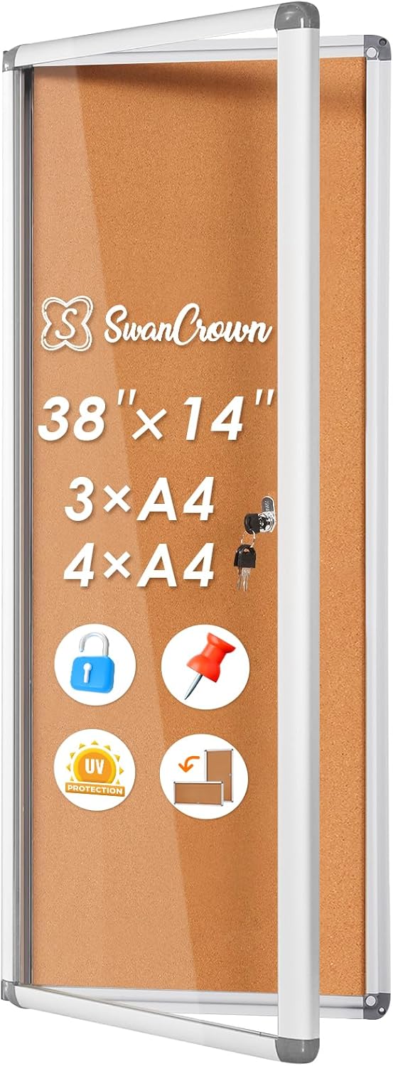 SWANCROWN Locking Bulletin Board Tamper-Proof Notice Board Cork Display Case Wall-Mounted for K12 Office Dentists, 38x14 inch